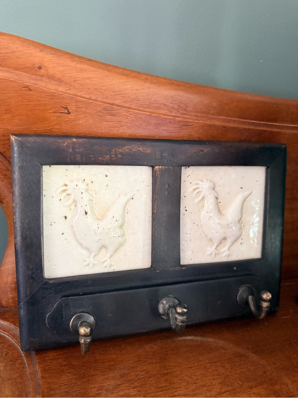 Rustic Black Wall 3 Hook Panel with ivory Rooster Tile Accents 10”